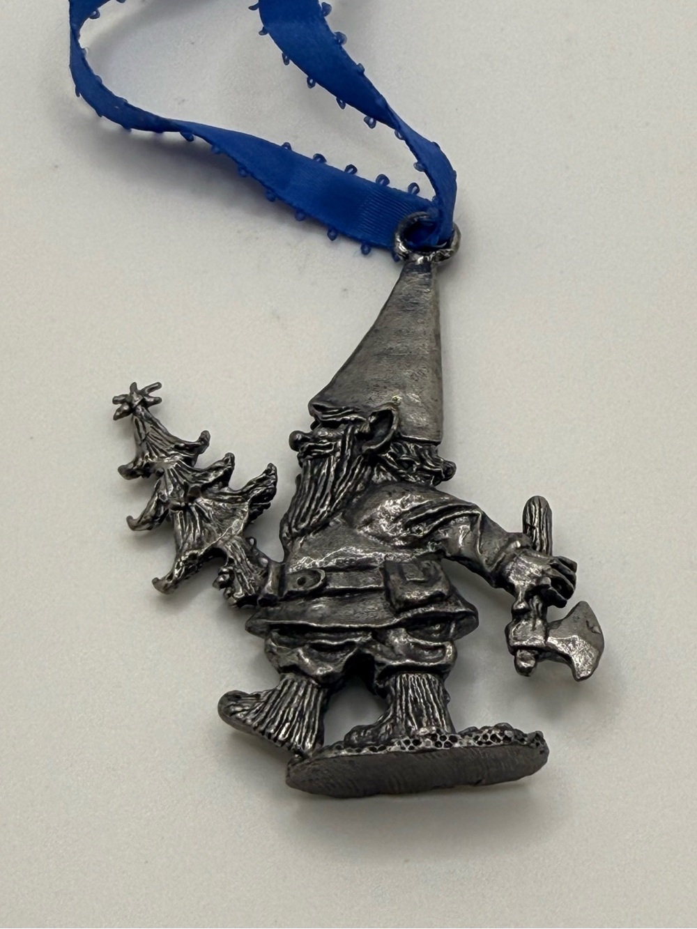 Pewter Gnome Ornament with Blue Ribbon - Holiday Tree and Axe Accent